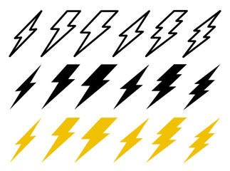 Thunder and Bolt Lighting Flash Icons Set. Lightning bolt icon set. thunderbolt sign in black and yellow color