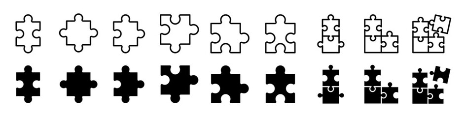 Puzzle pieces black icon set. Jigsaw icon set. 