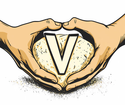 Two hands holding an unmade bread with the letter V in between, on a vectorized white background