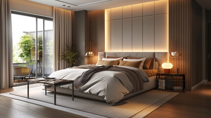 Naklejka premium Modern bedroom interior with a cozy and inviting atmosphere, highlighted by stylish decor and ambient lighting. With copy space for text