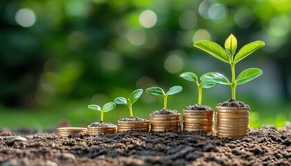 On a coin that lies on the ground, a seedling is developing. The idea of green investing, raising capital for investments. notion of financial growth