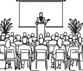 Continuous single line drawing of keynote speaker and audience at business conference, line art vector illustration