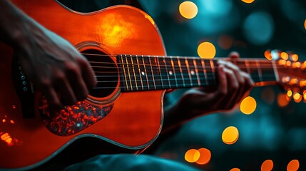 Obraz premium Person Playing Acoustic Guitar With Warm Lights in Background at Night