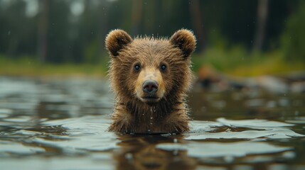 Obraz premium A Curious Bear Cub in the Water