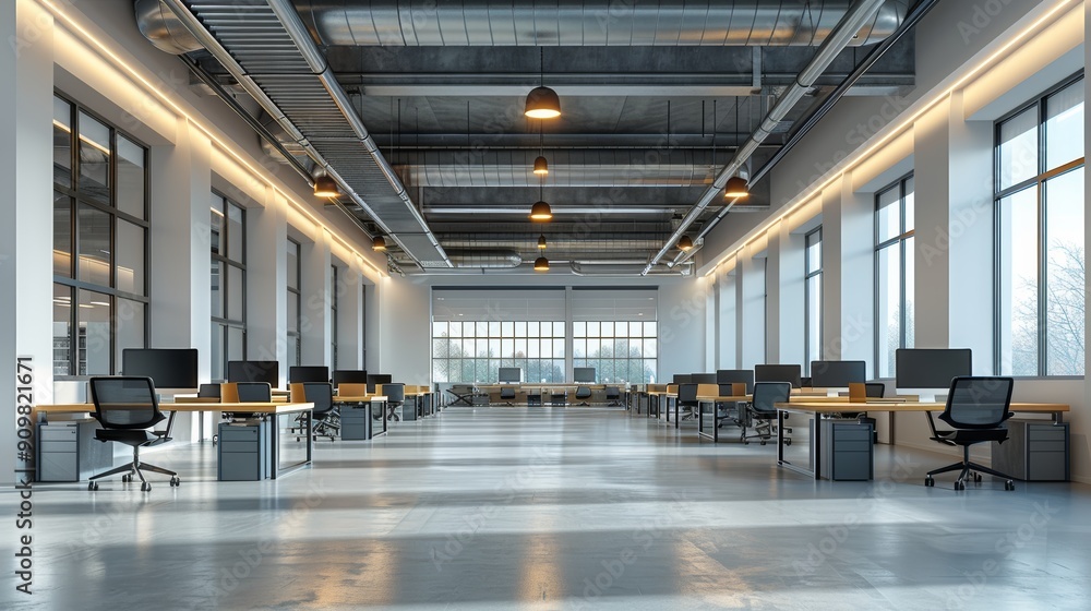 Poster modern open office space with desks and computer workstations during daylight hours