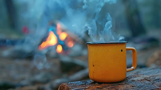 a scalding hot cup of coffee while relaxing by an open campfire on an old wood. incredibly tiny depth of field with mug-specific selective focus.