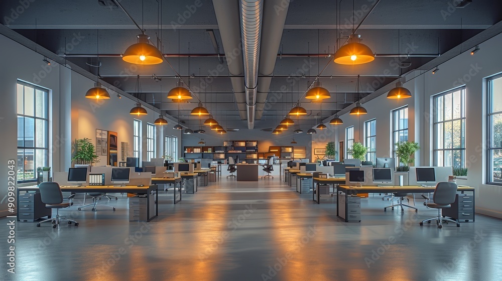 Poster modern open workspace with multiple desks and large windows in natural light