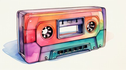 Audio cassette retro music watercolor image on white background. Neural network ai generated art