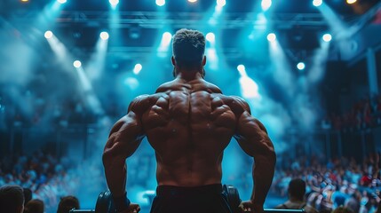 Muscular Bodybuilder Posing on Lit Stage in Front of Cheering Crowd