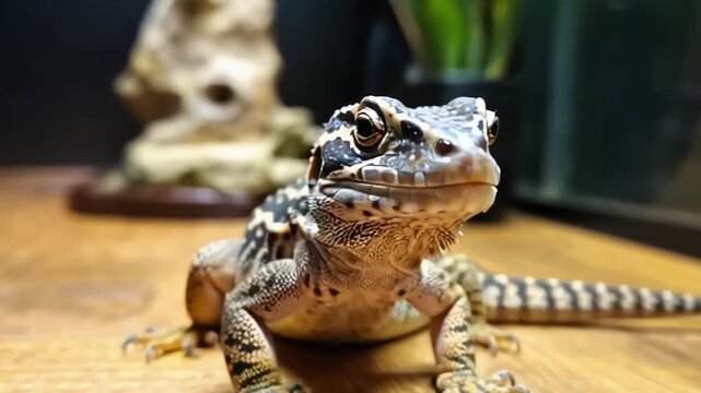 Close-up of spotted Tokay gecko on table