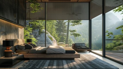 Fototapeta premium Sophisticated Smart Glass Bedroom Effortlessly Elegant EnergySaving Sunlight Control