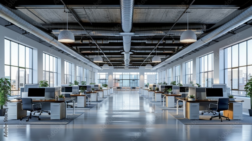 Poster modern open office space with ample natural light and minimalist design in a urban setting during da