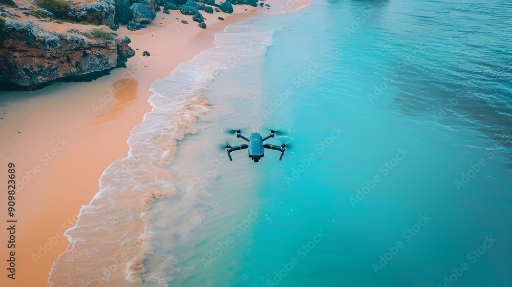 Poster Drone Hovering Over Scenic Turquoise Beach with Sandy Shore and Beautiful Backdrop