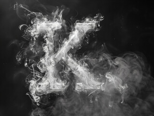 Smoke font. Letter K, Smoke effect gray alphabet on black background. 
