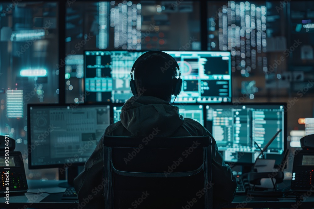 Poster back view of a cyber security analyst.