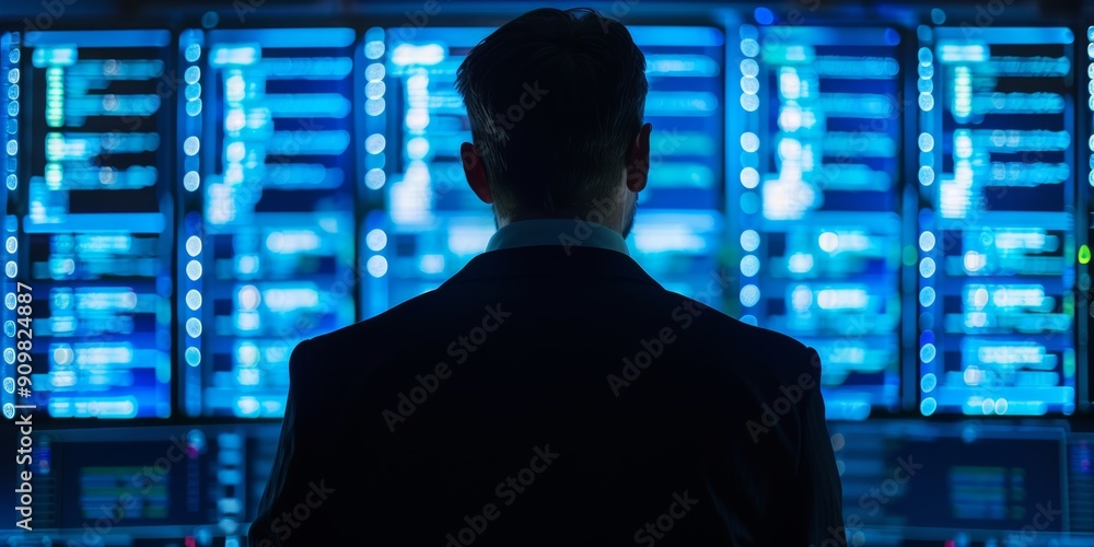 Aufkleber back view of a network security analyst.