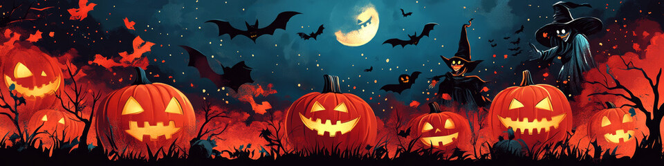 Fototapeta premium Halloween spooky carved pumpkin jack-o-lanterns, witches and bats illustration.