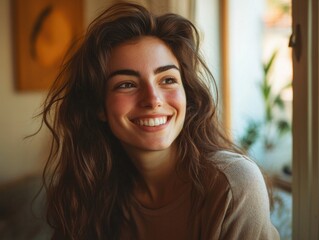 Fototapeta premium A woman with long brown hair smiles directly at the camera