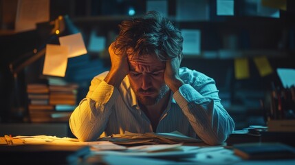 People who are having a headache from a lot of work on their desks in the office. Professional lighting.