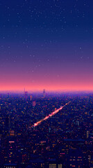 Obraz premium A city skyline at night with a bright purple sky. The city is lit up with lights and the sky is filled with stars
