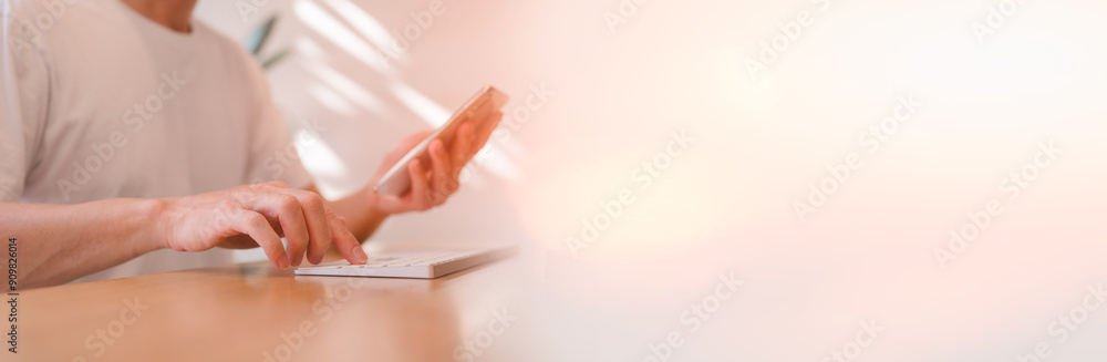 Aufkleber businessman or freelancer using keyboard and smartphone working remote in concept of ai digital tran