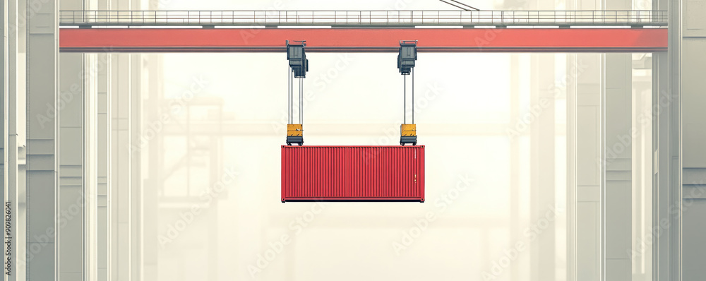 Aufkleber a red container is suspended from a crane. the crane is in a large, empty building. the container is