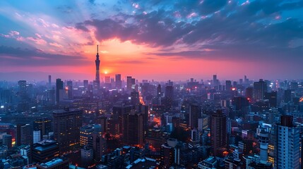 Obraz premium Breathtaking Panoramic City Skyline at Dusk with Illuminated Skyscrapers Against Vibrant Twilight Sky