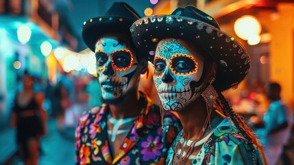 people wearing clean white skull makeup, cute, bright colors, and hats. Black mexican walking on street with carnival.