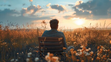 The high-definition image of a man sitting on a wooden chair in a large grass field looks comfortable.