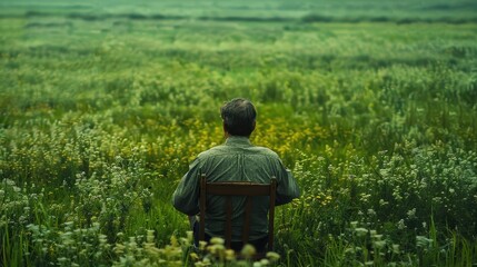The high-definition image of a man sitting on a wooden chair in a large grass field looks comfortable.