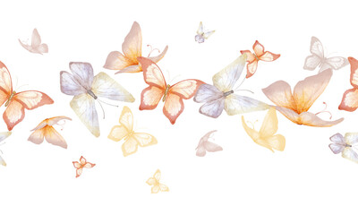 Delicate butterflies in pastel colors. Flying, elegant butterflies and moths. Border. Watercolor illustration in digital style. Seamless horizontal pattern repeating on a white background. © Elena