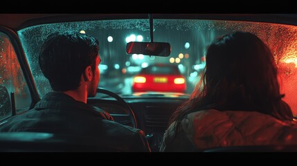  Image of people in the car watching the couple leave with another person. The lighting and images give a sad feeling.