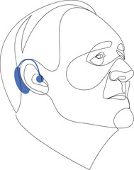 Continuous line drawing of senior man wearing hearing aid. Otolaryngology treatment concept. One line drawing of healthcare device, medicine technology. Vector illustration.