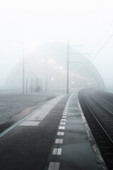 Foggy morning at Sloterdijk Station: cyclists and commuters navigate through the hustle of a workday, enveloped in mist, capturing the essence of urban life and daily routines in Amsterdam.