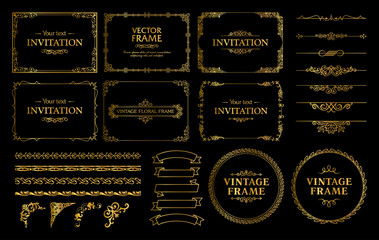 Design gold elements set, decorative flourish border corner and frame collection for invitation, menu and page decoration