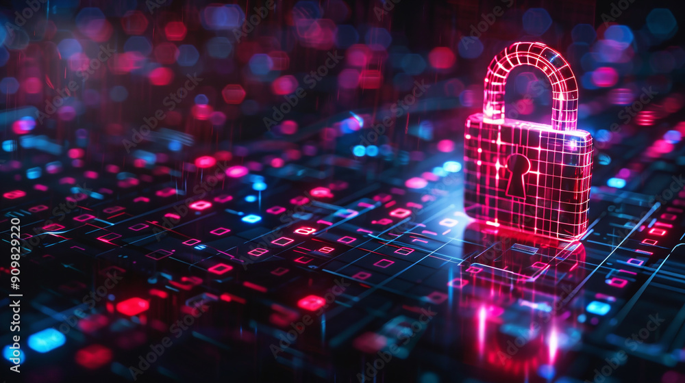 Aufkleber cybersecurity concept: printed circuit board with closed lock icon. padlock with futuristic design.