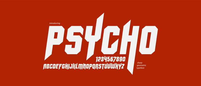 Sharp and bold gothic font for logo creation of for headlines, edgy geometric modern vector italic typeface, heavy metal and hard rock style alphabet with numbers.