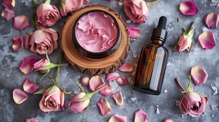 Natural organic face cream and serum with rose petals, luxurious skincare products