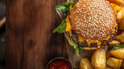 Hamburger on a black stone plate with tomatoes arround, cheesburger with cheese, lettuce, tomato, onions, pickles, and condiments like ketchup and mustard