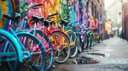 Obraz premium Vibrant Rainbow Bicycles Against Urban Graffiti Wall Colorful Bike Lineup in Cityscape