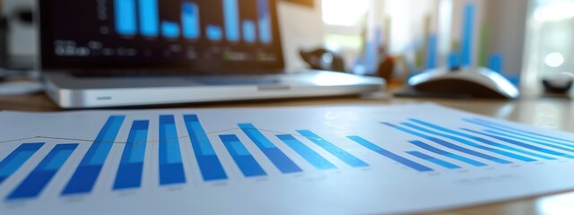 Gros plan d'un bureau avec des graphiques à barres bleues sur du papier blanc, ordinateur portable en arrière-plan, concept de croissance et de succès d'une entreprise dans le secteur financier.