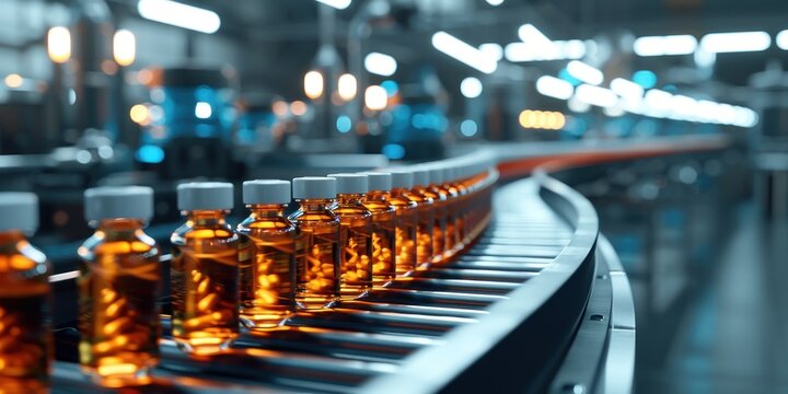 Industrie du secteur m&eacute;dical, des produits pharmaceutiques sur un tapis roulant avec des flacons en verre en cours de conditionnement.