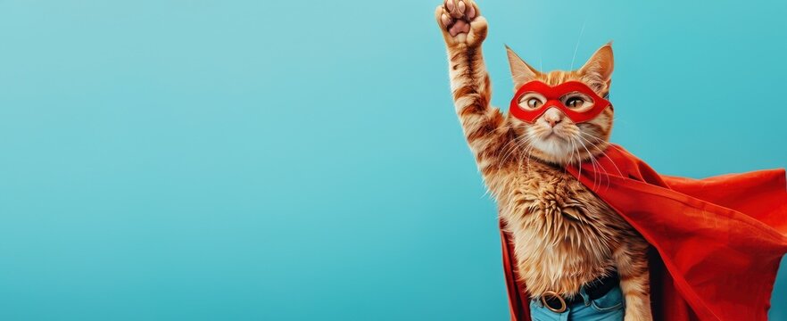 Portrait d'un chat tigr&eacute; en costume de super-h&eacute;ros avec cape et masque rouge, levant la patte sur fond bleu, image avec espace pour texte.