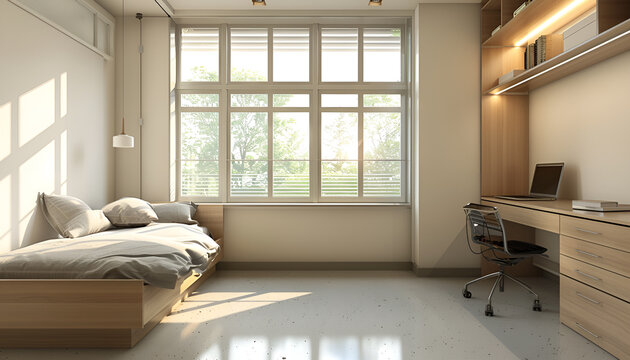 Simple student-style dorm bedroom. Hostel dormitory room