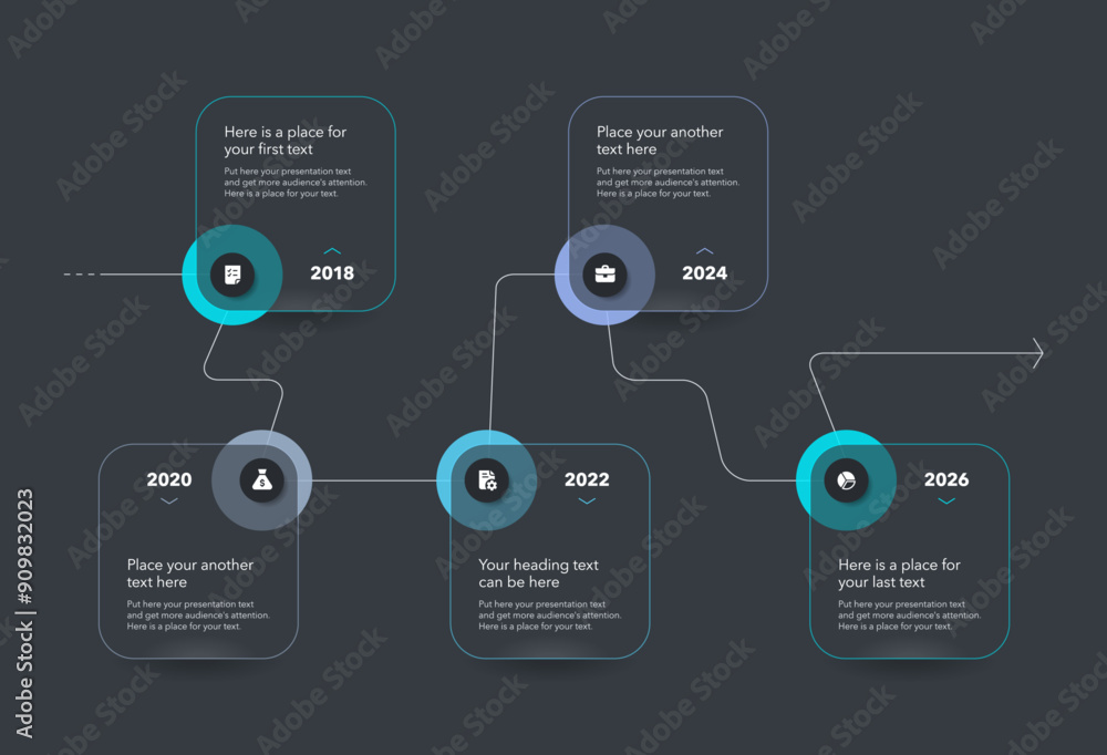 Leinwandbilder Timeline infographic template with five steps - dark version. SImple chart design with icons and thin lines for workflow layout, banner or web design.