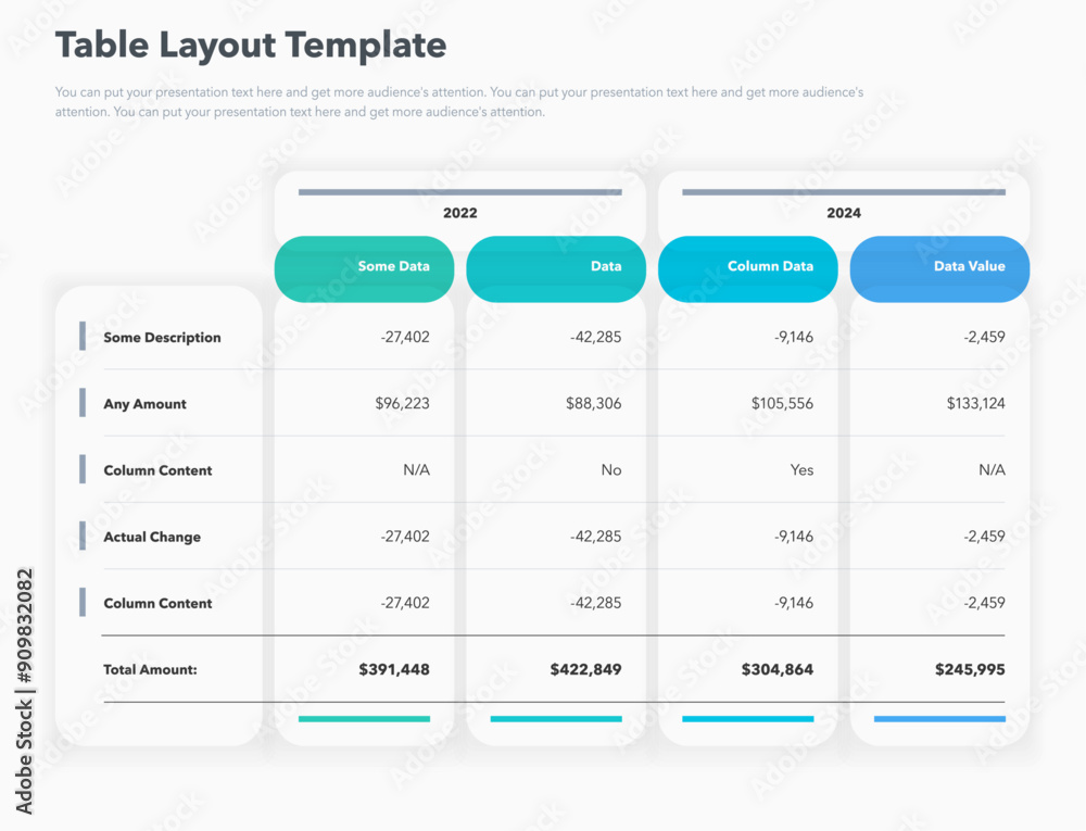 Poster Table layout template with column year and a total amount row. Simple flat template for project data visualization.