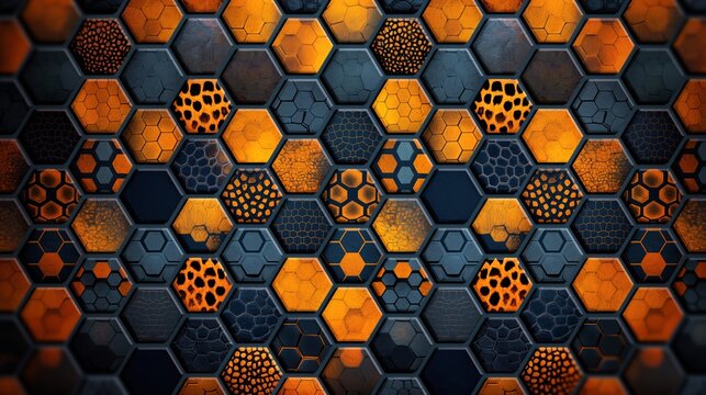 A stunning mosaic of hexagonal patterns in varying shades of orange and blue, each uniquely textured to create a vibrant visual feast.