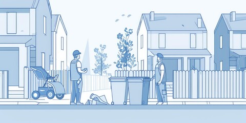 Fototapeta premium Two men stand by trash cans in front of houses.