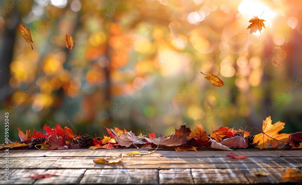 Aufkleber autumn background with an empty rustic wooden table top and fall leaves in the forest on a blurred b