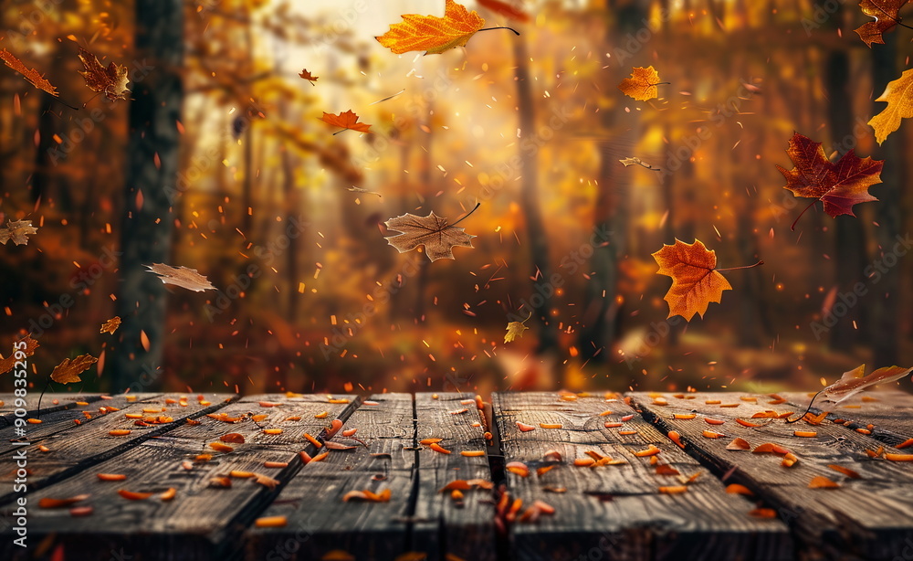 Aufkleber autumn background with an empty rustic wooden table top and fall leaves in the forest on a blurred b